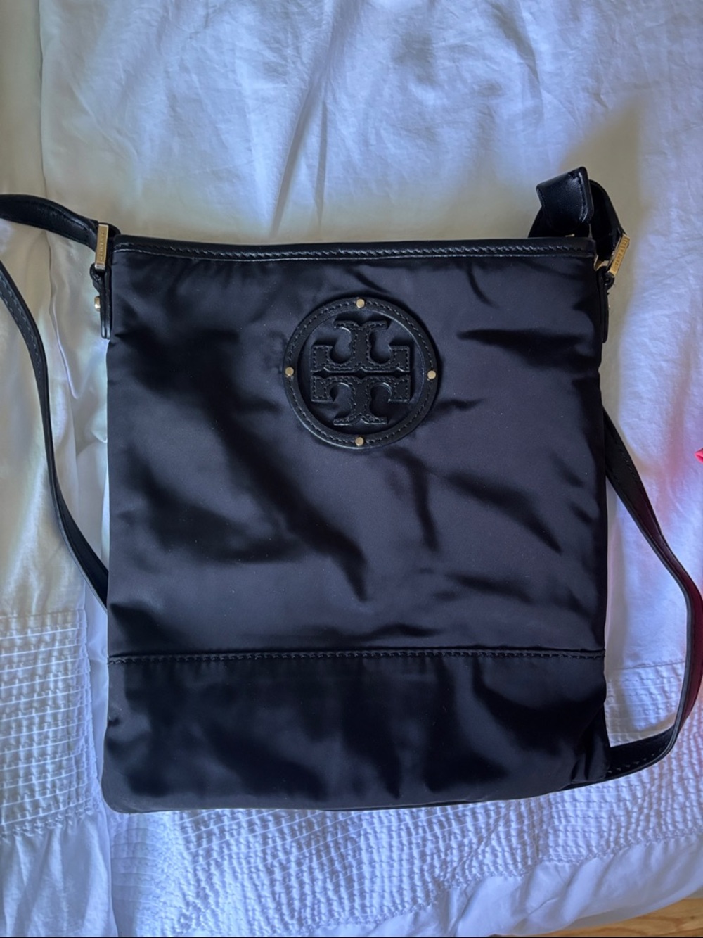 Tory Burch Black Nylon Logo Crossbody Bag with Gold Accents